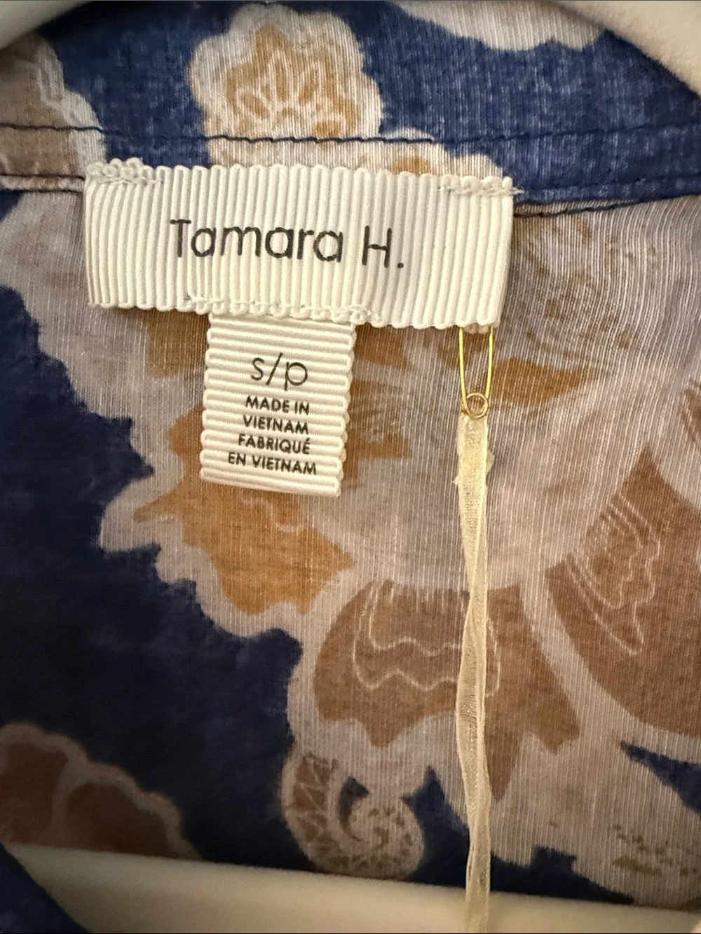 Tamara H. Navy Blue Shirt with Gold and Cream Floral Print, NWTs